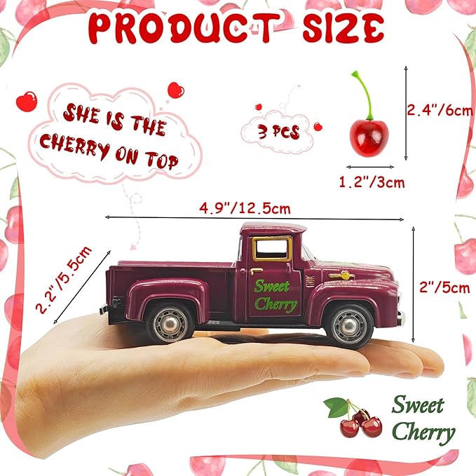 Cherry Decor – 4.9″Sweet Cherry Mini Vintage Metal Truck with 3 Fake Cherries for Themed Party Decorations, Home Kitchen Centerpieces for Tables, Farmhouse Pickup Truck Tiered Tray Decor Gifts