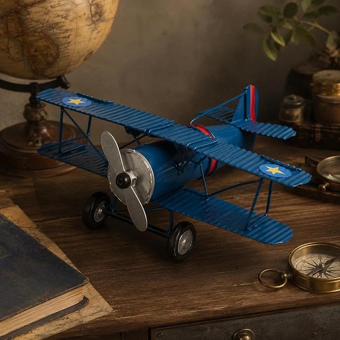 LOGOFUN Vintage Airplane Decor Metal Iron Aircraft Biplane Model Retro Hanging Plane Handicraft Ornament for Home Desktop Decoration - Blue 16.00X13.00X5.50cm