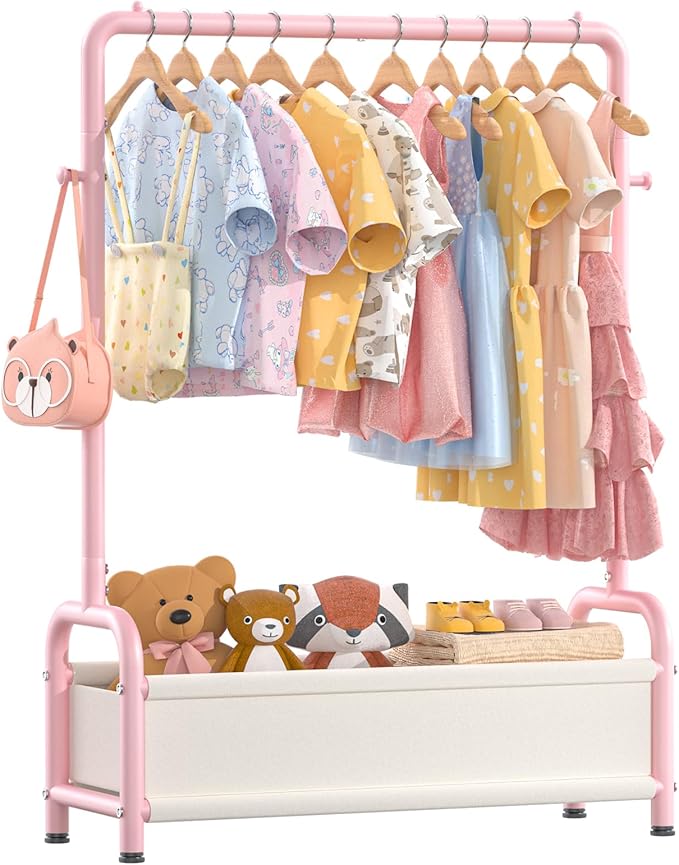 Kids Clothing Rack with Storage Shelf, Kids Dress Up Storage for Coats, Small Baby Garment Rack for Hanging Clothes, Toddler Wardrobe Closet Organizer (Classic, Pink)