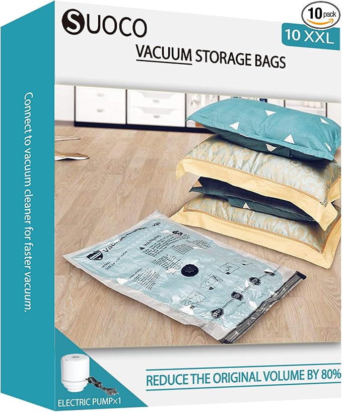Travel Vacuum Storage Bags with Electric Pump, Space Saver Seal Compression Packing Bags for Clothing Bedding Comforters Blankets Pillows Clothes, 10 X-Jumbo