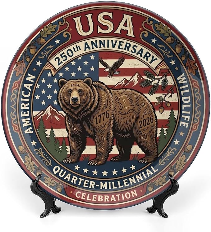 250th Anniversary Decorative Plates 8 Inch Vintage Wildlife Patriotic Decorations Commemorative Plates with Stand Memorial Day 4th of July Veterans Day Home & Office