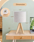 EDISHINE Small Table Lamp, Boho Bedside Lamp with Linen Fabric Shade, Wood Tripod Nightstand Lamp for Nursery, Living Room, Bedroom, Narrow End Table, UL Listed, 14.2 Inch, ON/Off Switch