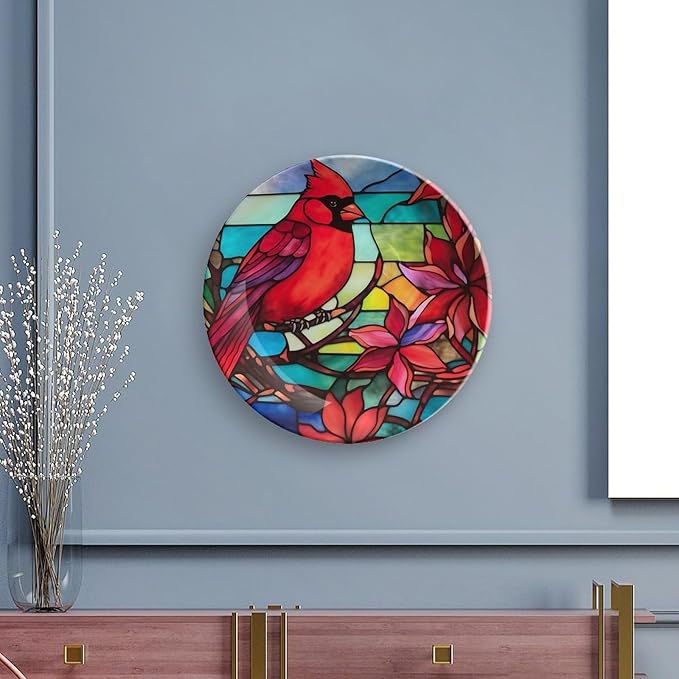 Decorative Plates, Cardinal Bird Stained Glass Design Display Plate for Home Office Kitchen Table Decor Porcelain Plates 7 Inch, Gifts for Loss of Loved