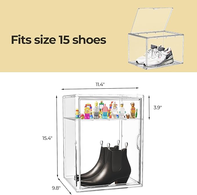 15.75''x11.81''x9.84'' XX-Large Clear Shoe Storage Boxes with Divider, Stackable Plastic Boot Boxes with Magnetic Door, Acrylic display case Box with Lids for Sneaker Purses Handbags Books (1)