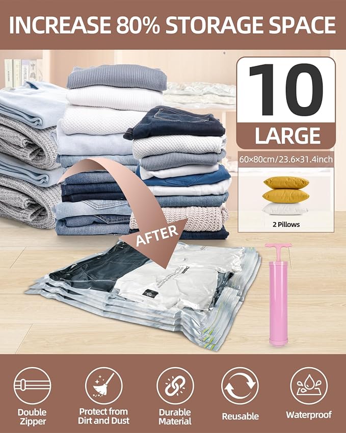 Vacuum Storage Bags for moving, Vacuum Seal Bags for Memory Foam, Latex, Clothing & Bedding, Space Saver Bags(10 Large)