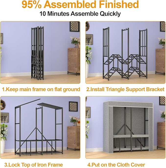 Heavy Duty Clothing Racks for Hanging Clothes with Cover, 95% Assembled Freestanding Foldable Portable Clothes Rack, 59“Lx70 H