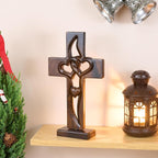 DAICAT - Handcarved Wood Cross with Intertwined Hearts, Crosses Wall Decor, Hand Made Wall Hanging Art Décor, Grift for Wedding (No 6)
