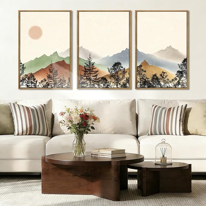 Large Boho Mountain Wall Art Framed Mountains Wall Decor Farmhouse Landscape Art Prints Boho Landscape Artwork Rustic Mountain Wall Pictures Set of 3 for Living Room Bedroom Office Farmhouse 36x24 Inches