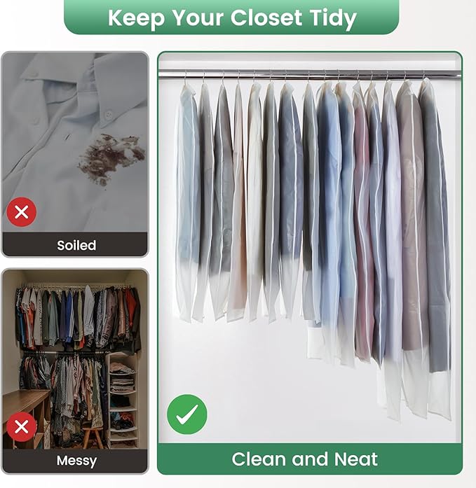 Translucent Garment Bags for Hanging Clothes - Frosted Clothes Storage Bags for Suits, Dresses, Closet Storage - 6 Pack