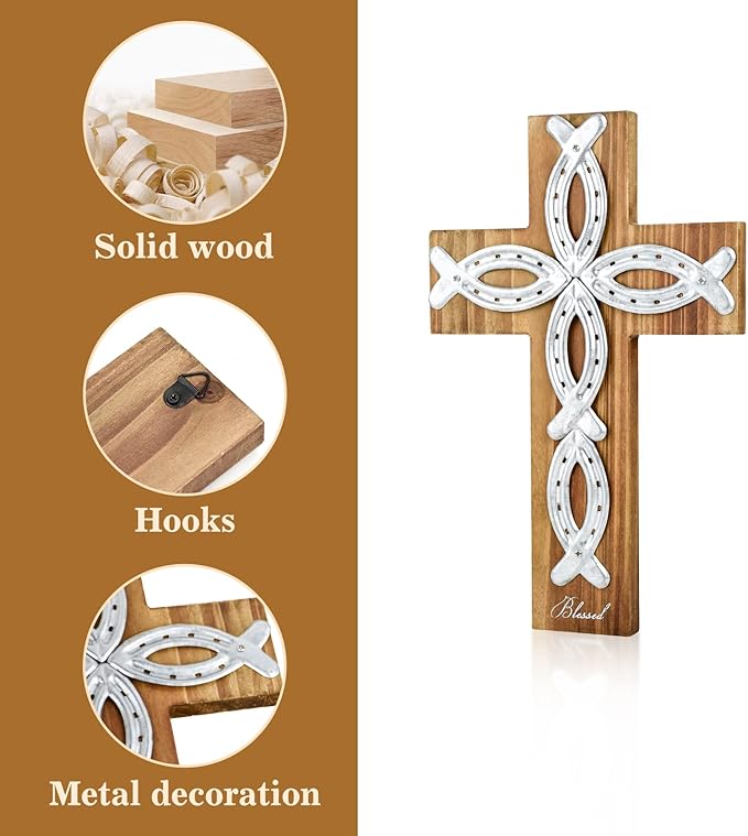 OKSQW Wall Cross Retro Catholic Wooden Hanging Baptism Crosses with Unique Metal Cross Spiritual Religious Cross with Hook 12" Blessed Letter Design Christmas Crucifix Gift for Church Home Wall Decor