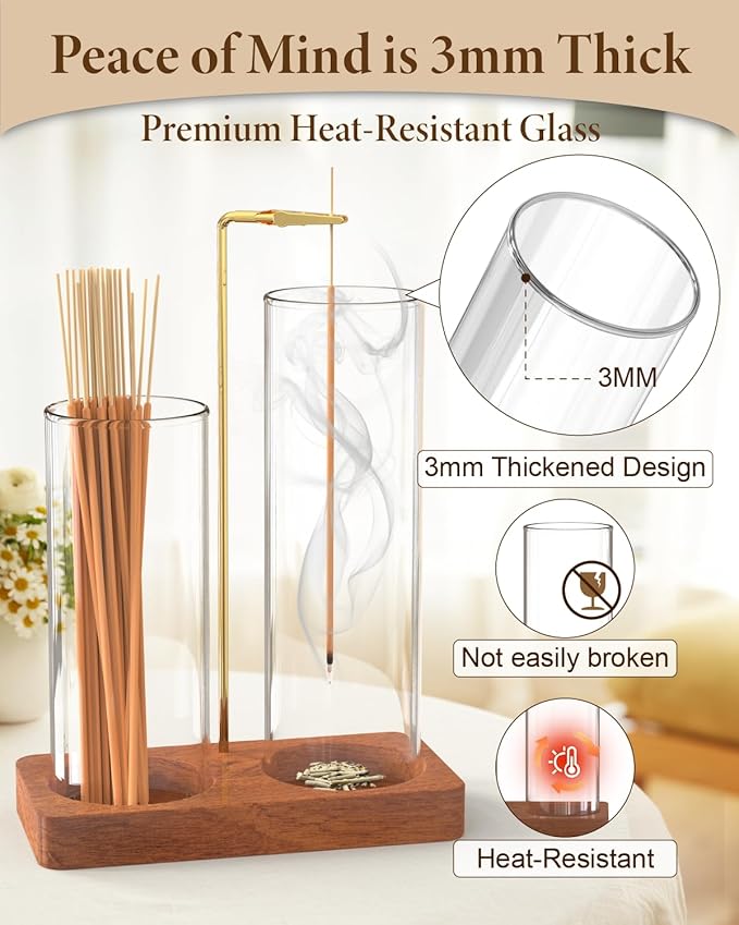 Incense Holder with 7.8" & 5.9" Glass Jars, 2 in 1 Incense Sticks Holder & Ash Catcher, Upside Down Incense Burner with Storage for Meditation, Yoga, Spa, Home Decor, with 20 Incense Sticks & Brush