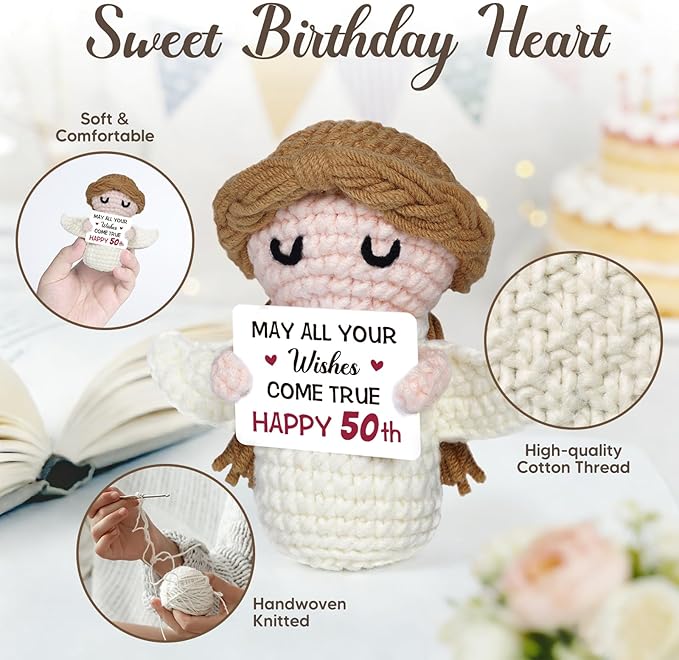 50th Birthday Gifts for Women Men, 1976 50th Birthday Decorations, Funny 50 Years Old Gifts for Family Friends Colleagues - Handmade Positive Angel Crochet Doll