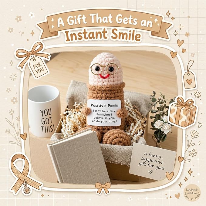 Handmade Positive Crochet Gift with Emotional Support Message Card, Funny Desk Decor Novelty Gift for Women, Boyfriend, Husband, Men, Friends, Coworker(Brown Doll-1pcs)