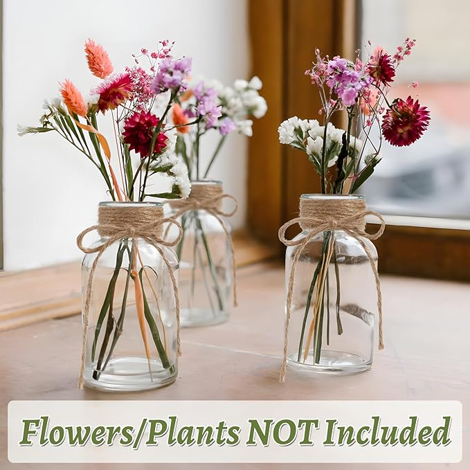 Glass Flower Vases for Centerpieces, 12Pcs Vintage Small Clear Bud Vase for Flowers Mini Crystal Decorative Bottle with Hemp Rope Bows for Housewarming Wedding Birthday Tabletop Decoration