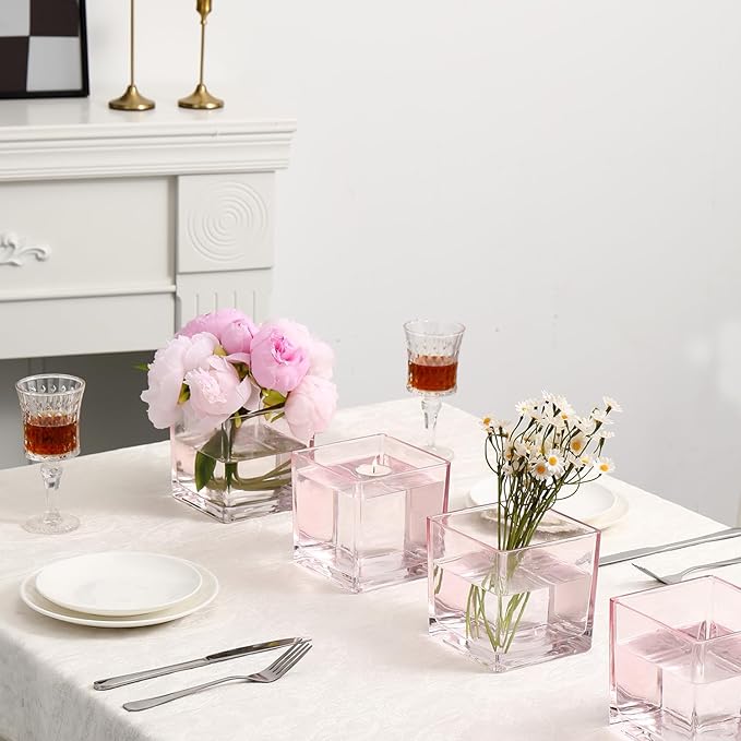 Square Glass Vases Set of 4, 5" x 5" x 5" Pink Flower Vases for Centerpieces, Square Vase for Flowers, Small Vase for Wedding, Party, Home Office Decoration