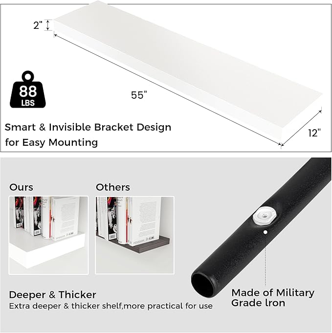 Venusmiles Floating Shelves for Wall, 55 Inch Wide x 12 Inch Deep Floating Shelves, Long Wood Floating Wall Shelf Shelves for Living Room Bathroom Bedroom Kitchen Home - (White, 55" W x 12" D x 2" H)