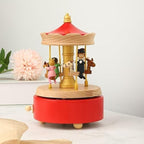 Natural Solid Wood Handcrafted Beech Wooden, Musical FigureTotoro/Carousel/Fairy/Ballerina Figurine,Rotating Hand Crank Mechanism Music Box,Musical Decorations (Red Merry-Go-Round)