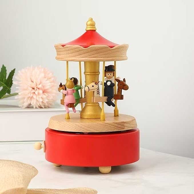 Natural Solid Wood Handcrafted Beech Wooden, Musical FigureTotoro/Carousel/Fairy/Ballerina Figurine,Rotating Hand Crank Mechanism Music Box,Musical Decorations (Red Merry-Go-Round)