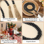Wood Bead Garland 58 Inch Black Wooden Beads for Boho Farmhouse Table Home Decor with Tassel, Wooden Prayer Bead, Rustic Country Boho Wall Hanging Decor for Kitchen Modern Living Room Tray Vase Shelf