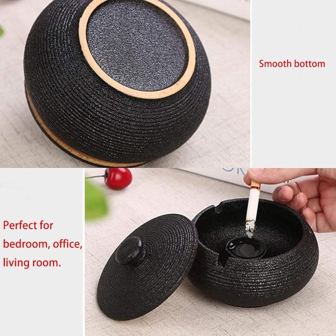 Lependor Ceramic Ashtray with Lids, Windproof, Cigarette Ashtray for Indoor or Outdoor Use，Ash Holder for Smokers,Desktop Smoking Ash Tray for Home Office Decoration - Black