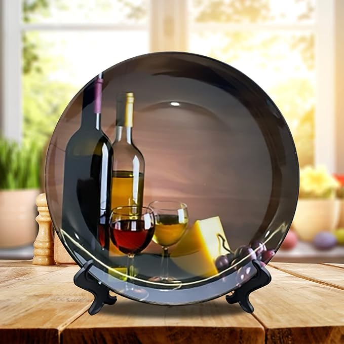 ALALAL 10'' Ceramic Decorative Plates Wine Bottle Grape Print Decorative Plate with Display Stand for Kitchen Dining Room Wine Cabinet Home Décor Art Decoration 10 inch