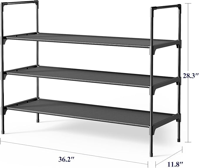 Kitsure Shoe Rack - 3-Tier Shoe Organizer, Shoe Rack for Closet, Entryway, Bedroom, Easy- Assembly Storage Shelf with Side Handles, 36.2" Wide - 3 Tiers, Black