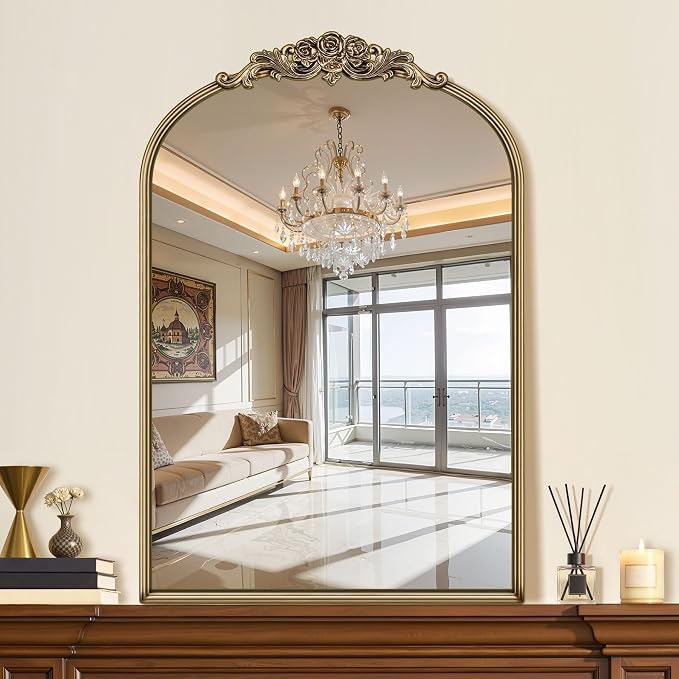 24"x36" Vintage Gold Mirror, Ornate Baroque Mirror with Metal Frame and Rose Floral Crown, Gold Antique Mirror for Fireplace, Living Room, Bedroom, Entryway or Bathroom Wall Decor