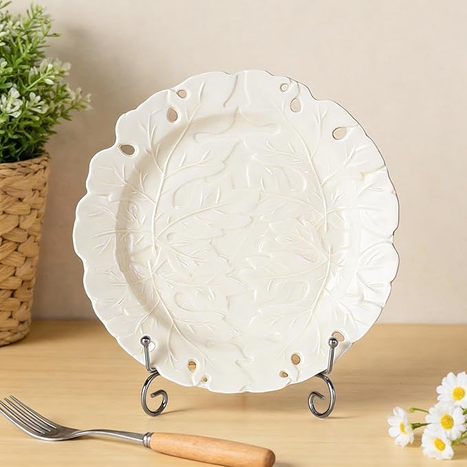 KAMMAK Ceramic Decorative Plate Set of 2, Porcelain Plates for Kitchen Dining Room Wine Cabinet Home Decor, Vintage Collector Plates with 2 Display Stand, Cream-White Leaves (8-inch + 10-inch)
