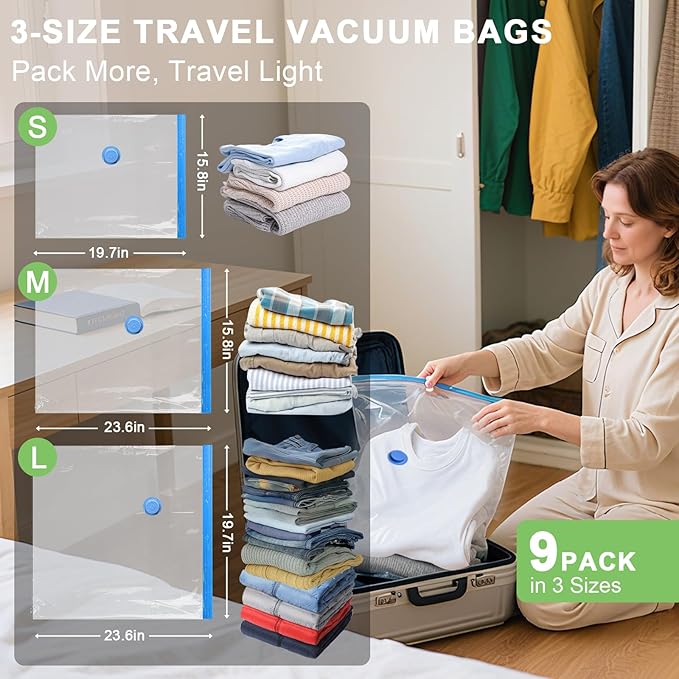 9 Pack Vacuum Seal Bags for Clothing Travel with -60000Pa USB Pump, Save 80% of Space for Clothes (9 Combo)