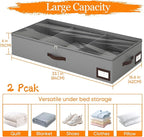 OIAHOMY 2 Pack Under Bed Storage, 6 Inch High Under Bed Storage Containers with Adjustable Dividers, Dual Zippers, &Clear Lid, 53L Under Bed Drawers For Clothes, Blankets, Clothing, & Shoes, Grey