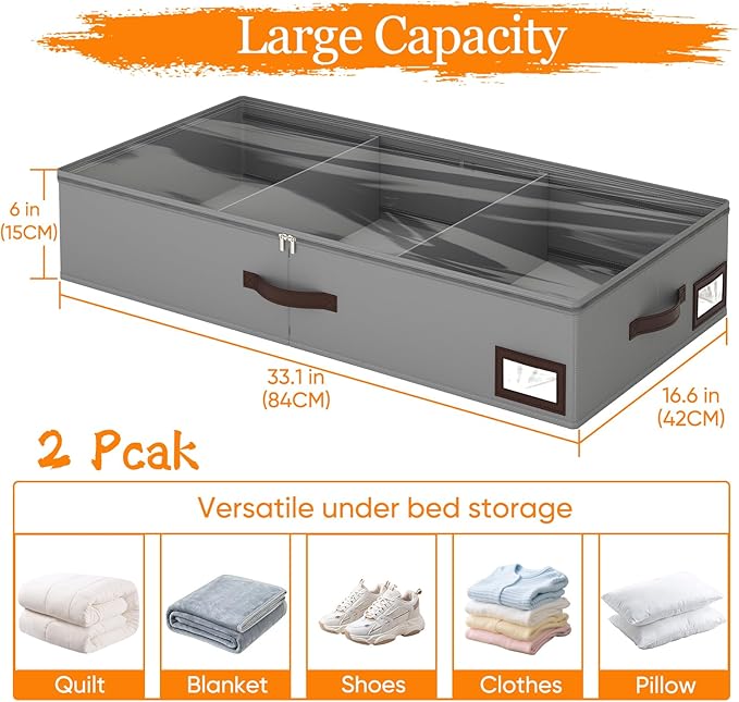 OIAHOMY 2 Pack Under Bed Storage, 6 Inch High Under Bed Storage Containers with Adjustable Dividers, Dual Zippers, &Clear Lid, 53L Under Bed Drawers For Clothes, Blankets, Clothing, & Shoes, Grey