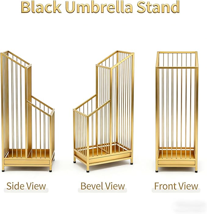 Indoor Gold Umbrella Stand with Drip Tray, Minimalist Luxury Design, Stylish Gold Umbrella Holder for Entryway, Living Room, Hotel, Easy to Clean & Space-Saving