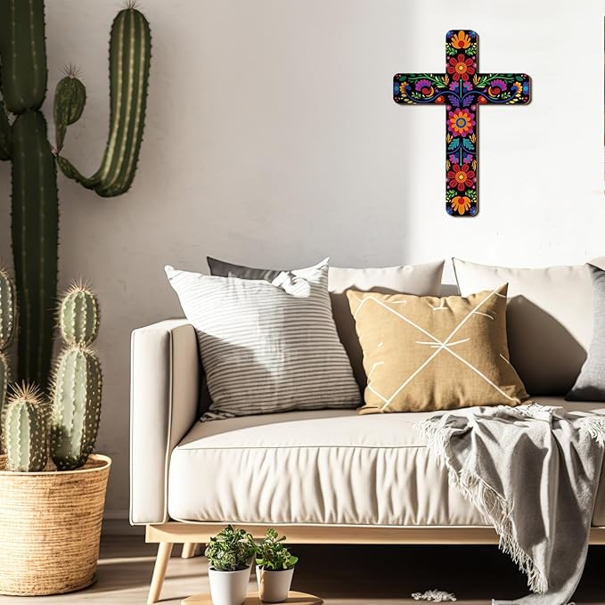 Maitys Floral Cross Wall Decor Hand Painted Decorative Inspirational Wooden Cross Mexican Art Wall Decor Mexican Crucifix for Home Room Church Decoration(Retro Style)