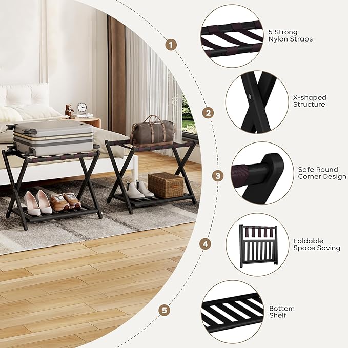 26.77" L Luggage Rack for Guest Room - Set of 2 Full Assembled Luggage Rack Stand for Suitcases, Foldable Luggage Holders with Shoe Shelf for Bedroom, Hotel (Black Bamboo Suitcase Stands)