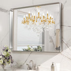 LOAAO 40X24 Inch Brushed Nickel Bathroom Mirror, Rounded Rectangle Silver Metal Frame Mirror, Brushed Nickel, Anti-Rust, Hangs Horizontally or Vertically