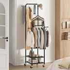 Chrislley Small Clothing Rack With Wheels, 71" Portable Rolling Garment Rack With 2 Shelves and 6 Hooks, 3-Section Different Heights Heavy Duty Metal Clothes Rack For Coats, Shirts, Bags, Shoes, Black