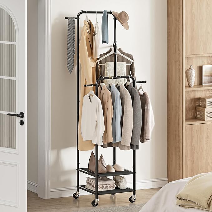 Chrislley Small Clothing Rack With Wheels, 71" Portable Rolling Garment Rack With 2 Shelves and 6 Hooks, 3-Section Different Heights Heavy Duty Metal Clothes Rack For Coats, Shirts, Bags, Shoes, Black