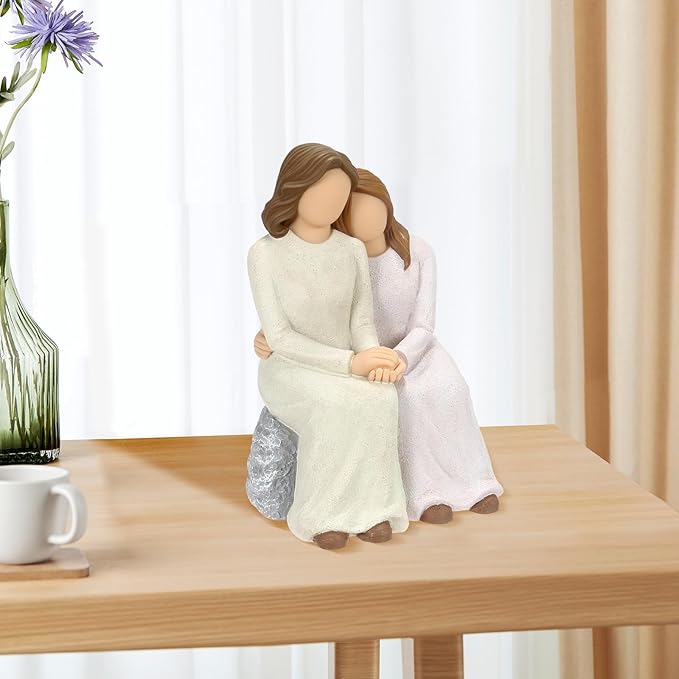 Mother Daughter Resin Figurine, Hand-Painted Mom Daughter Sculpture Artwork, Family Memorial, & Home Décor