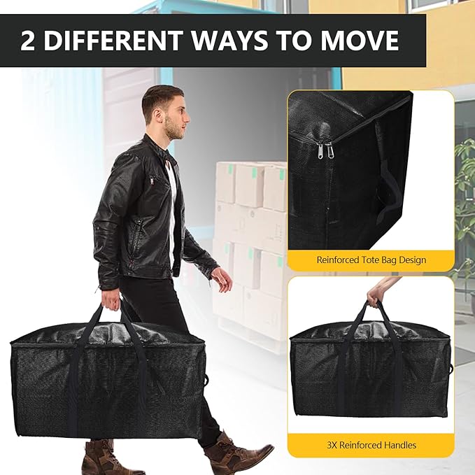 Extra Large Storage Bags Set Heavy Duty Moving Totes with Handles, Zippers-Way Carrying Design Fold Flat Storage Totes for Space Saving (Black, 12 Park-2 Moving bag & 10 Vacuum Seal Bags)