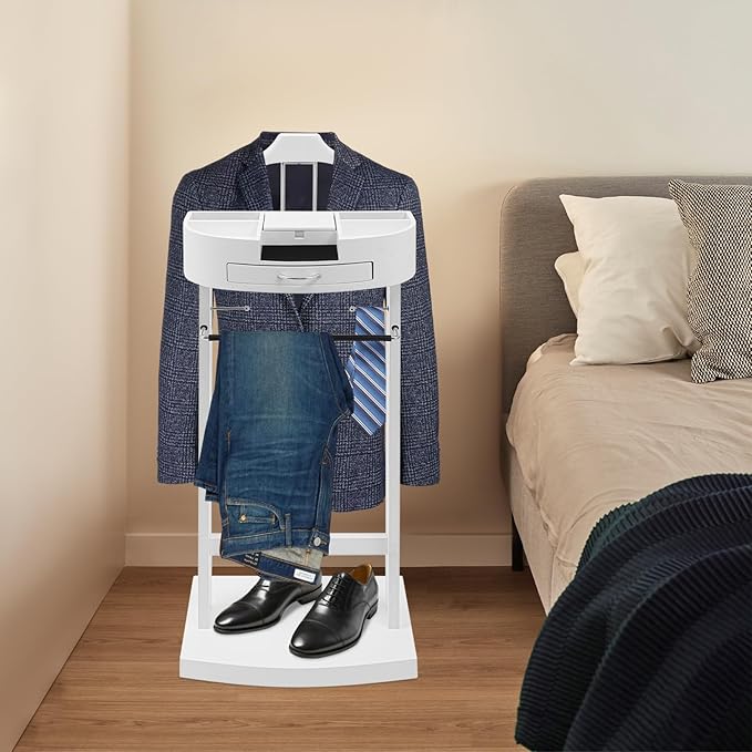 Suit Valet Stand for Men and Women, Wood Suit Stands Butler Clothing Rack, Floor Standing Clothes Valet with Drawer, Top Tray, Contour Hanger, Trouser Bar, Belt Hooks & Shoe Rack (White)