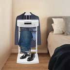 Suit Valet Stand for Men and Women, Wood Suit Stands Butler Clothing Rack, Floor Standing Clothes Valet with Drawer, Top Tray, Contour Hanger, Trouser Bar, Belt Hooks & Shoe Rack (White)
