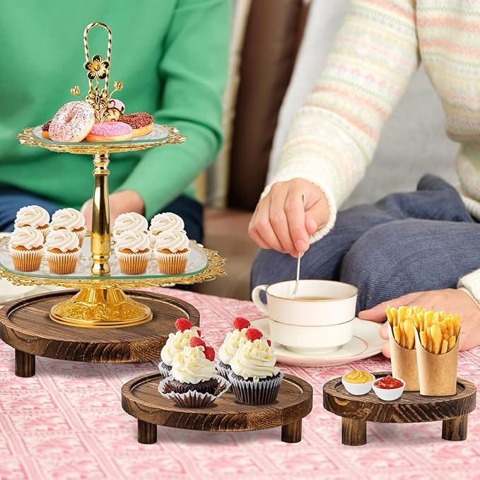 3PCS Wooden Risers for Display Wood Cake Stand for Party Round Food Risers for Buffet Wooden Holder Rustic Riser for Decor Tiered Tray Decor Home Kitchen(Rustic, 3 PCS (8”, 6”, 5”))