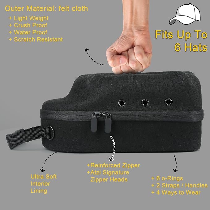 Hard baseball hat case, Hat Carrier Travel Case with Adjustable Shoulder Strap, Hat cap case for 6 Baseball Caps - Perfect for Traveling (Black)