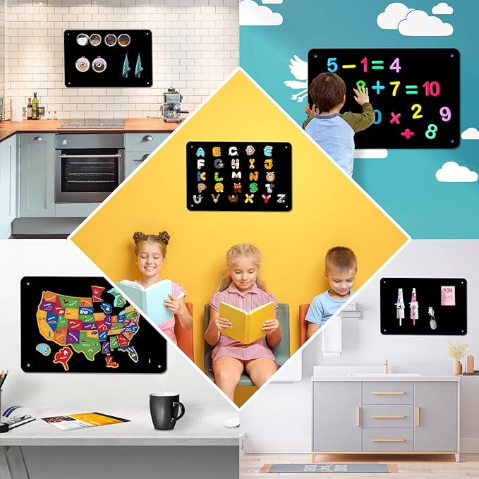 Black Magnetic Board,17.5" x 11.4" Magnet Bulletin Board to Display Magnetic Notes, Poetry, Photos, Suitable for Wall, Refrigerator, Cabinet etc, Come with 4 Pcs Dual Lock Tape and Screws