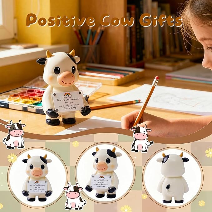 Positive Cow Figurine - 5.1" Tall Hand-Painted Resin Indoor Office Desk Decoration with Cute Motivational Sign, Funny Gift for Women Friends Bestie BFF Bestfriend Coworkers