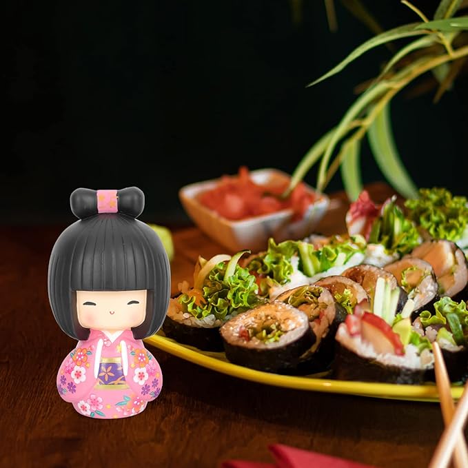 Japanese Kokeshi Doll Girl in Kimono Collectible Figurines Traditional Crafts Oriental Geisha Statue for Office Bar Home Party Table Decoration Pink