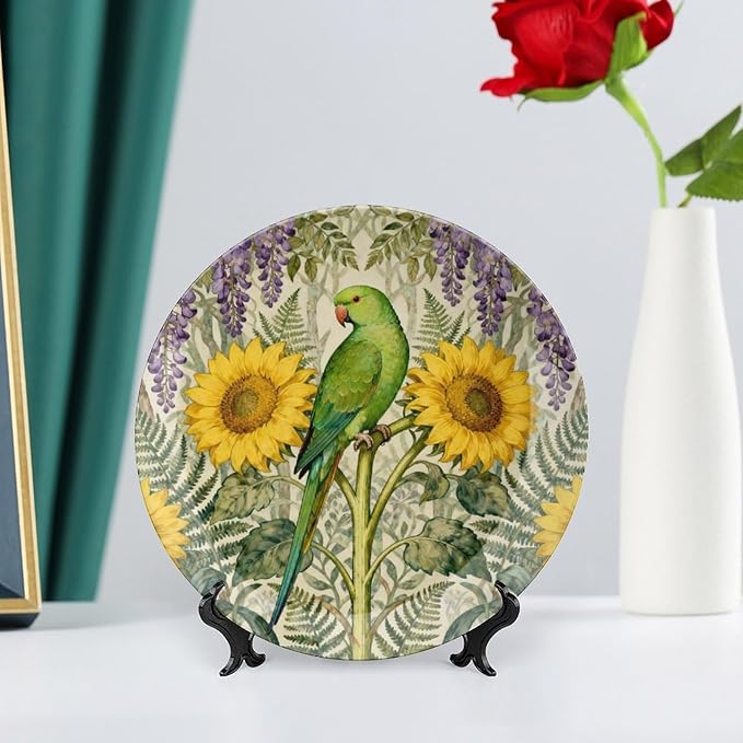 William Morris Forest Art Sunflower And Parrot Fashion Plates of 6", 7", 8", 10", Customize Christmas Design Blue And White Plates, Custom Gifts, Table Farmhouse Decorations Club, with Vertical Stand