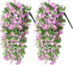 Artificial Fake Hanging Flowers Plants for Outdoor Spring Decoration, 2PCS Faux Silk Violet UV Resistant Look Real Trailing Vines for Outside Home Planter Porch Patio(Violet)