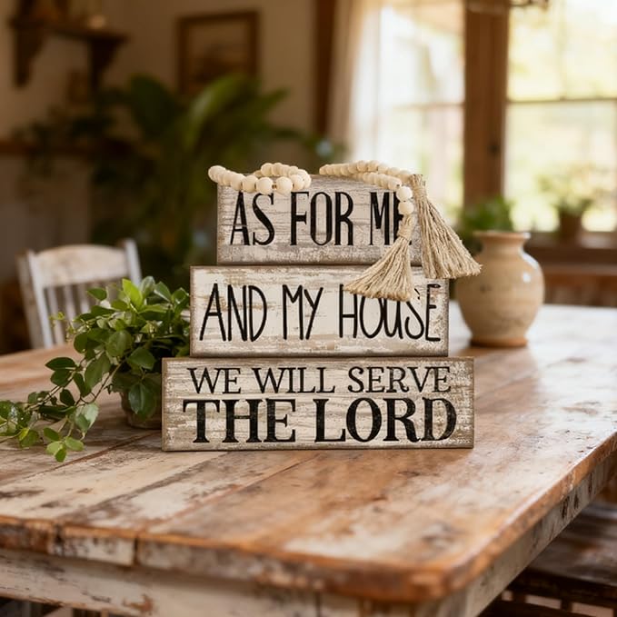 Yuntau 4 Pcs Farmhouse Christian Decor Farmhouse Bible Verse Tiered Tray Decor Rustic Retro Wood Bead Garland As for Me and My House We Will Serve The Lord Block Jesus Sign for Home Shelf Mantel