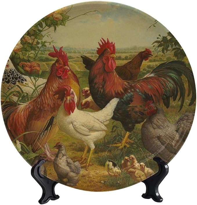Rooster Decorative Plate Holder, 8 Inch, Rooster Hen Chick White Chicken Gathering Round Display Plate, Decorative Plates with Stand, for Home Kitchen Bedroom Decorative Ornaments